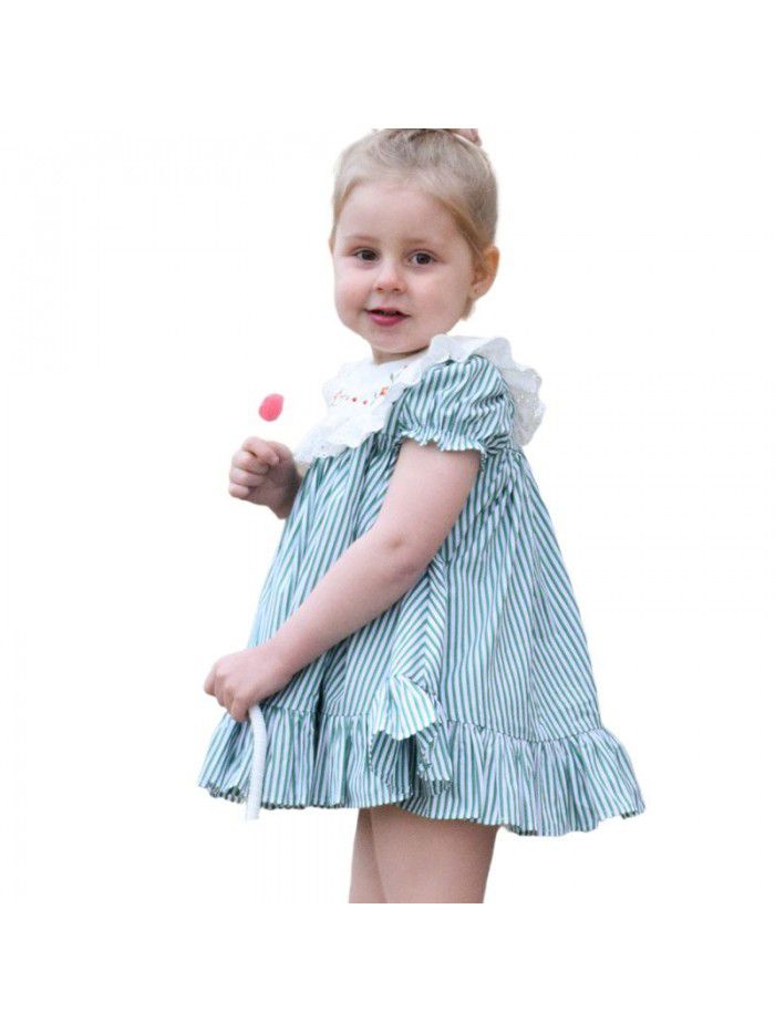summer baby dress striped princess skirt suit short sleeve Lapel embroidered skirt European and American children's wear 