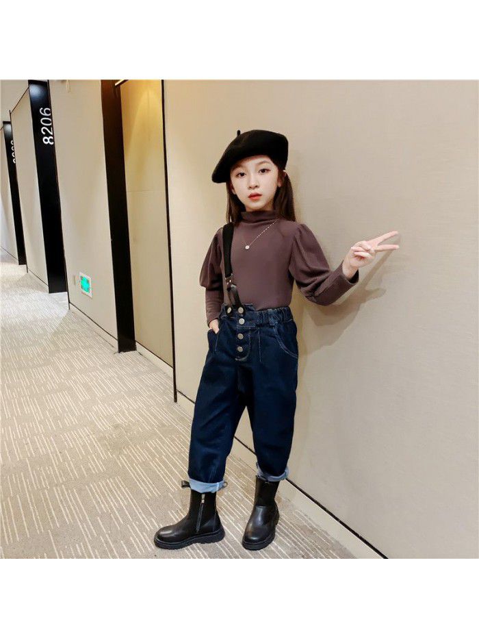Girls' one shoulder loose fitting denim suspenders  spring new style foreign style Korean fashionable Chinese University Children's casual pants 