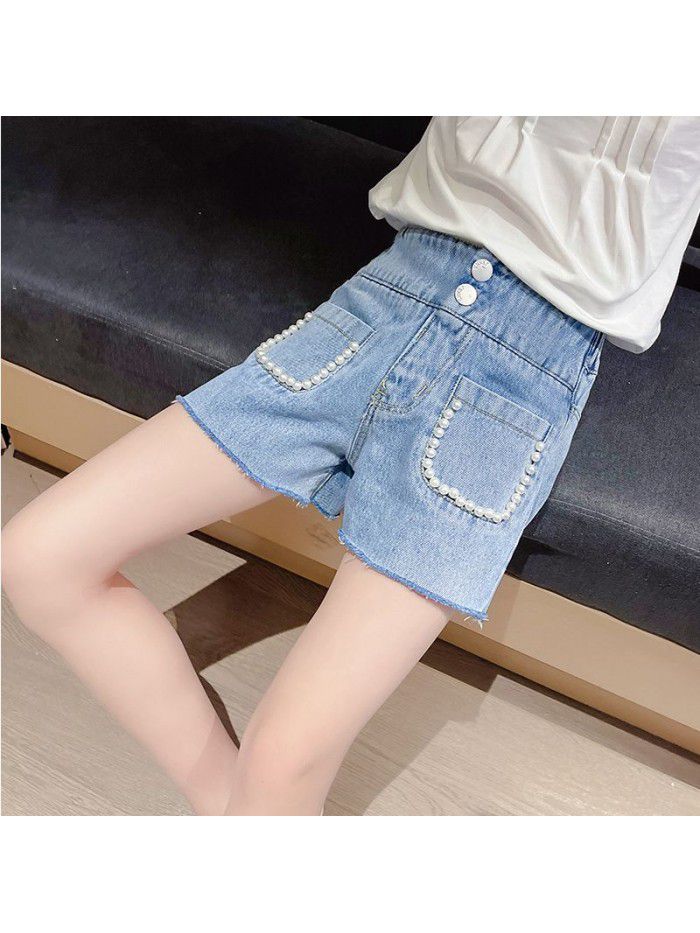 Girls' denim shorts  summer new hot pants pearl pocket net red foreign style children's pants 