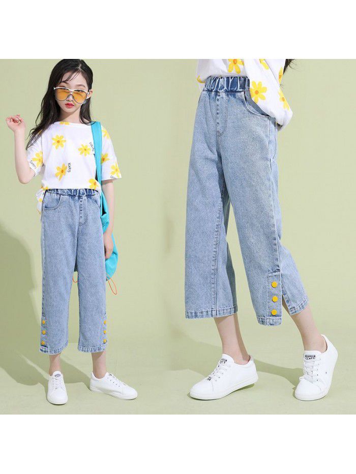 Girls' Capris jeans summer  new Korean Zhongda children's leisure wide leg pants thin pants 