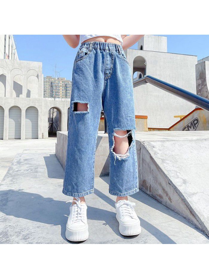 Girls' holed jeans  summer new Korean style loose Jiufen beggar pants middle school children's casual pants 