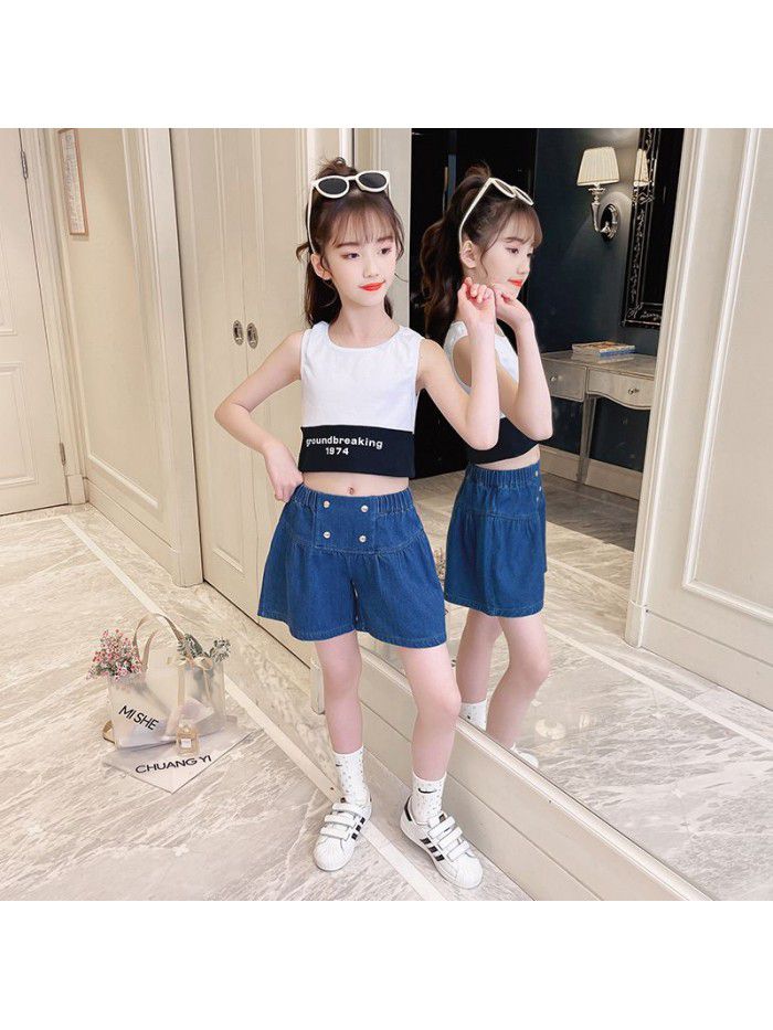 Girls' shorts summer wear  new foreign style children's middle and large children's summer wear hot pants thin denim pants 