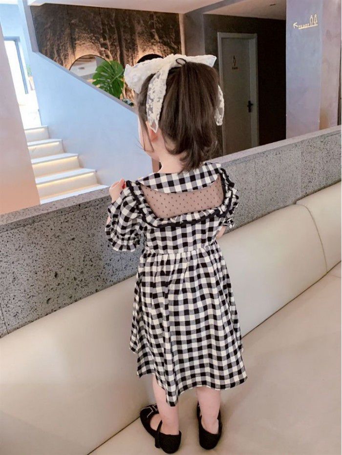 Girls' dress western style Korean version baby Lapel Plaid short sleeve hollow out skirt children's bubble sleeve princess skirt 