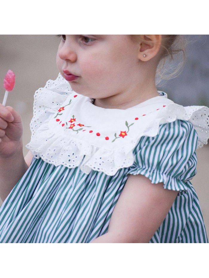 summer baby dress striped princess skirt suit short sleeve Lapel embroidered skirt European and American children's wear 