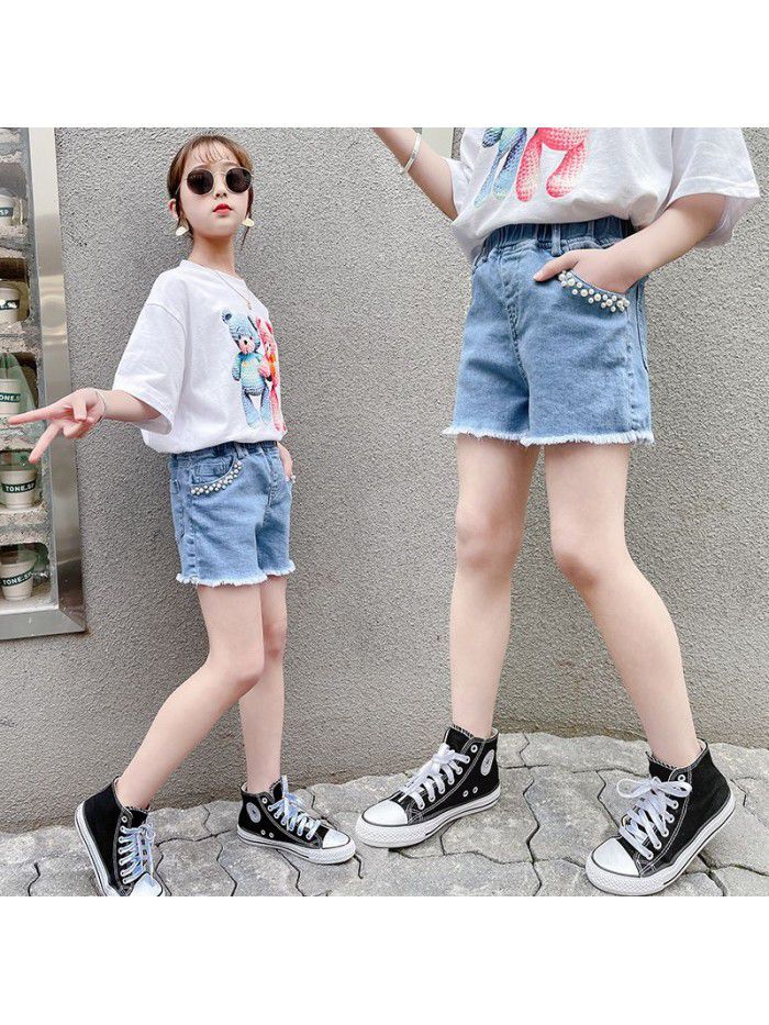 Girls' shorts summer  new fashion children's foreign style hot pants jeans wear girls' pearl pants summer dress 