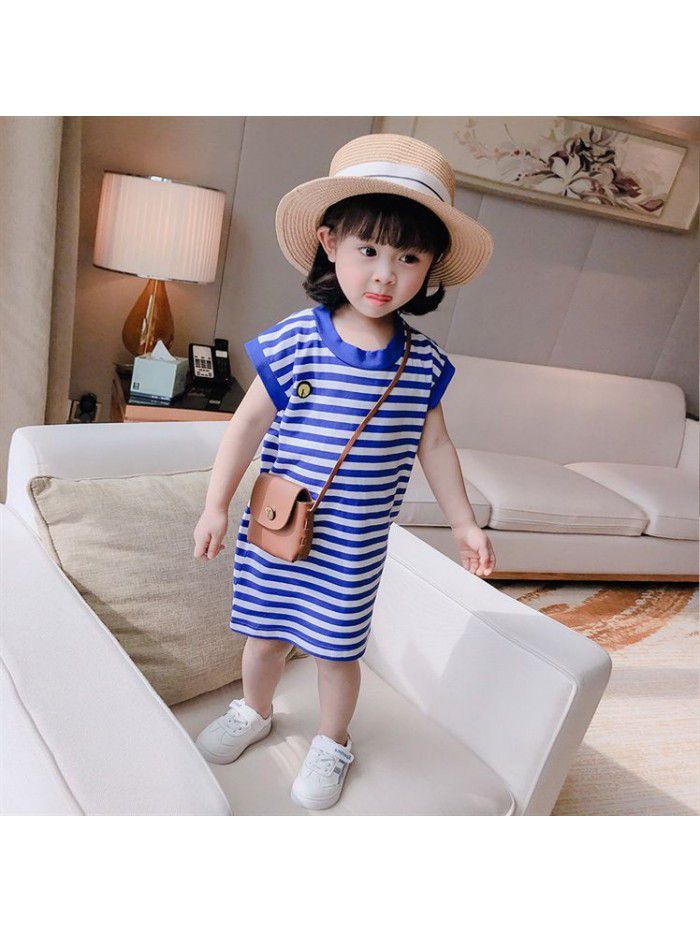 Children's wear  summer new girl's navy blue stripe sleeveless T-shirt dress 