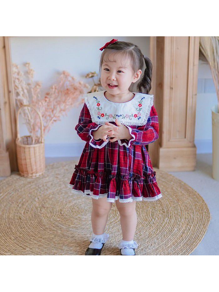  spring new long sleeve girl's dress European and American children's Plaid Skirt Western style children's Lapel embroidery skirt 