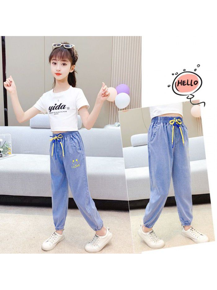 Girls' Tencel jeans summer children's thin loose anti mosquito pants 