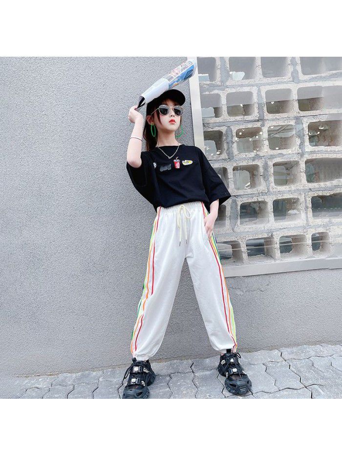 Girls' sports pants spring and autumn  new children's Korean color striped guard pants loose primary school students' leisure pants 