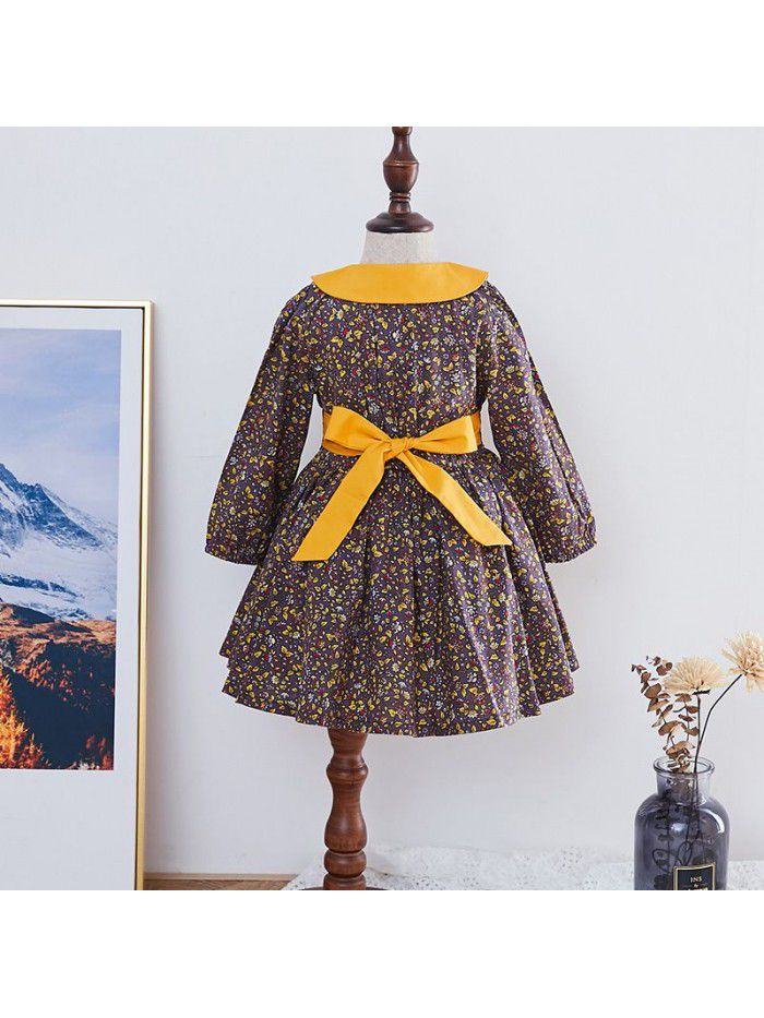 Ins spring children's dress new European and American girls' spring floral dress long sleeve printed children's dress cotton 