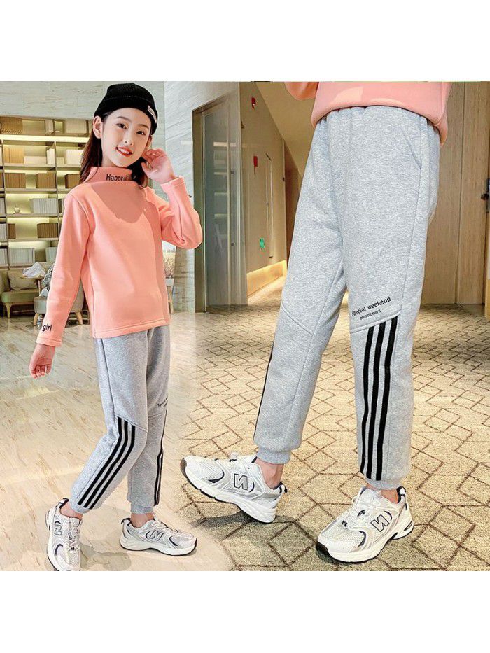 Girls' Plush pants children's men's autumn and winter three-layer Plush leisure sports warm trousers 