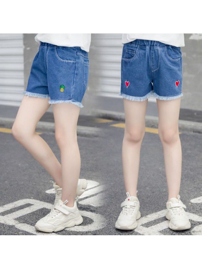 Girls' denim shorts summer wear  new Zhongda children's foreign style embroidery thin children's trousers Han banchao 