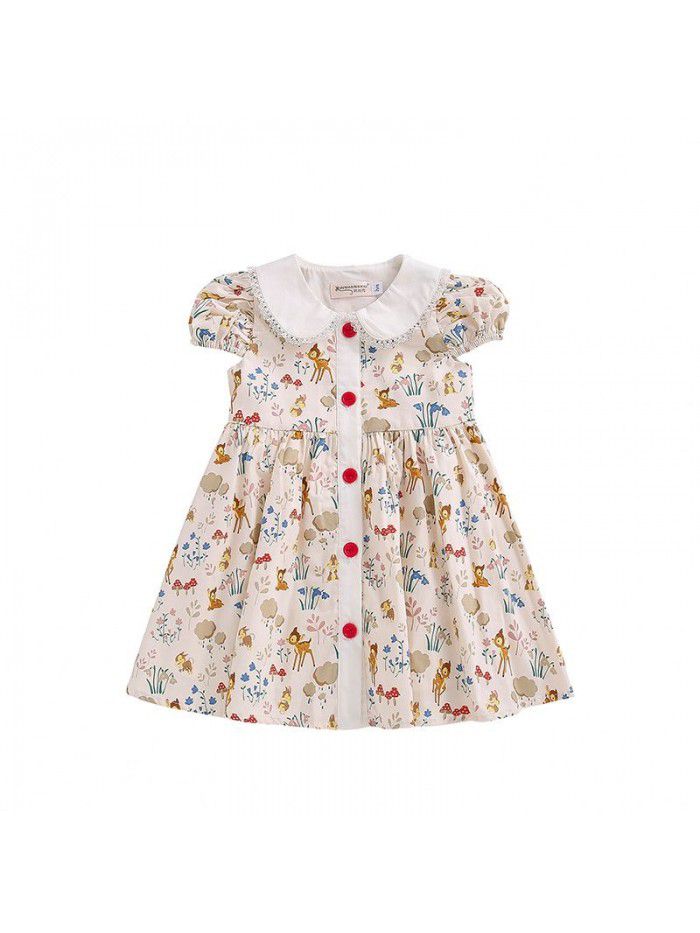 Girls' summer dress bubble sleeve European and American children's cartoon print  new foreign girl floral skirt 