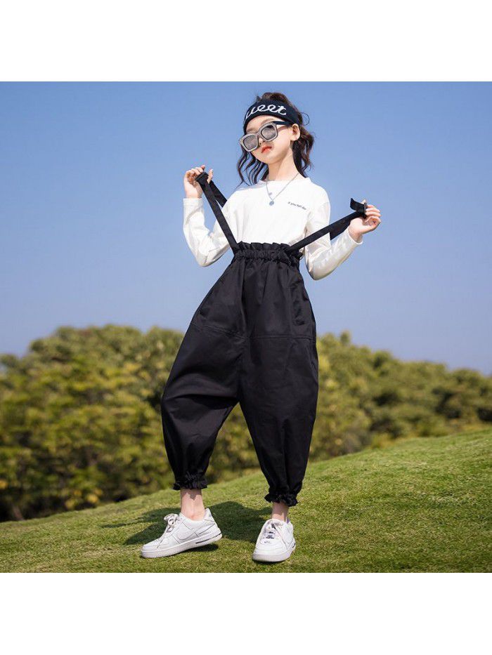 Girl's suit spring and autumn clothes middle school children's Korean fashionable foreign style primary school girl's 12-year-old aggressive fried Street strap pants 