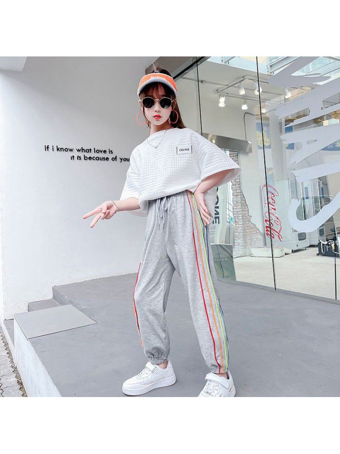 Girls' sports pants spring and autumn  new children's Korean color striped guard pants loose primary school students' leisure pants 