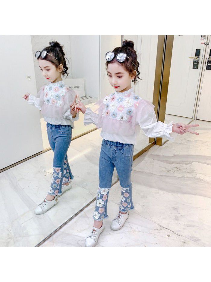 Girls' net red suit spring and autumn Zhongda children's Korean version foreign style fashion shirt jeans children's fragrance clothes 