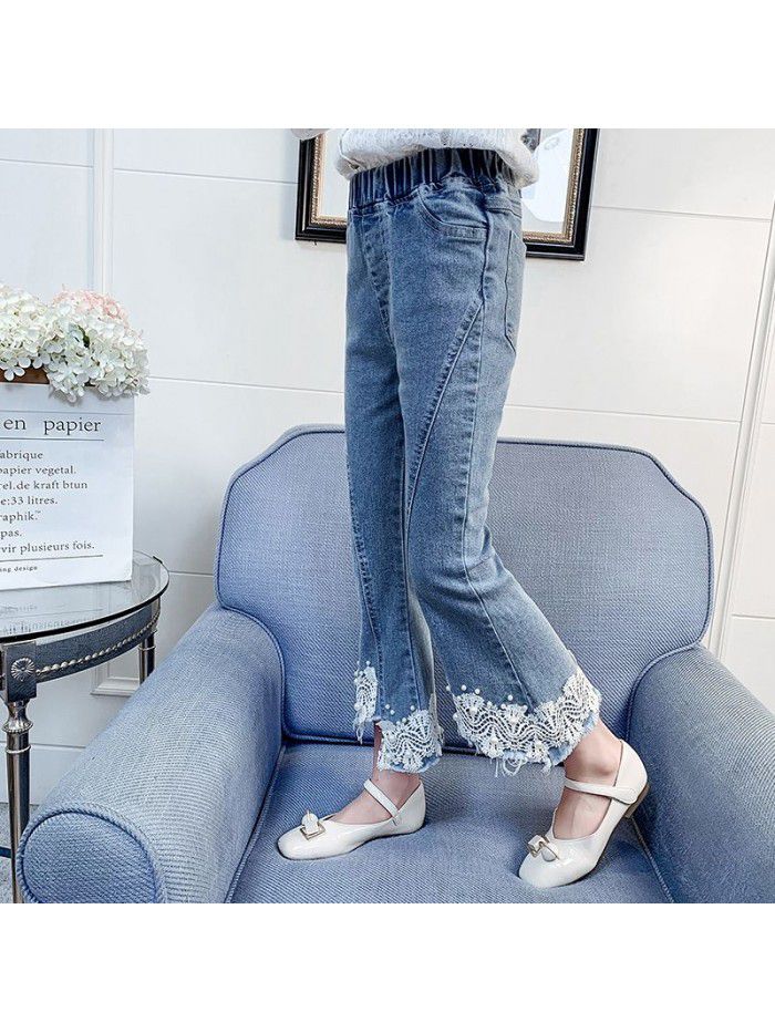 Girls' jeans spring and autumn thin  new baby girl foreign style lace flared pants little girl fashionable pants 