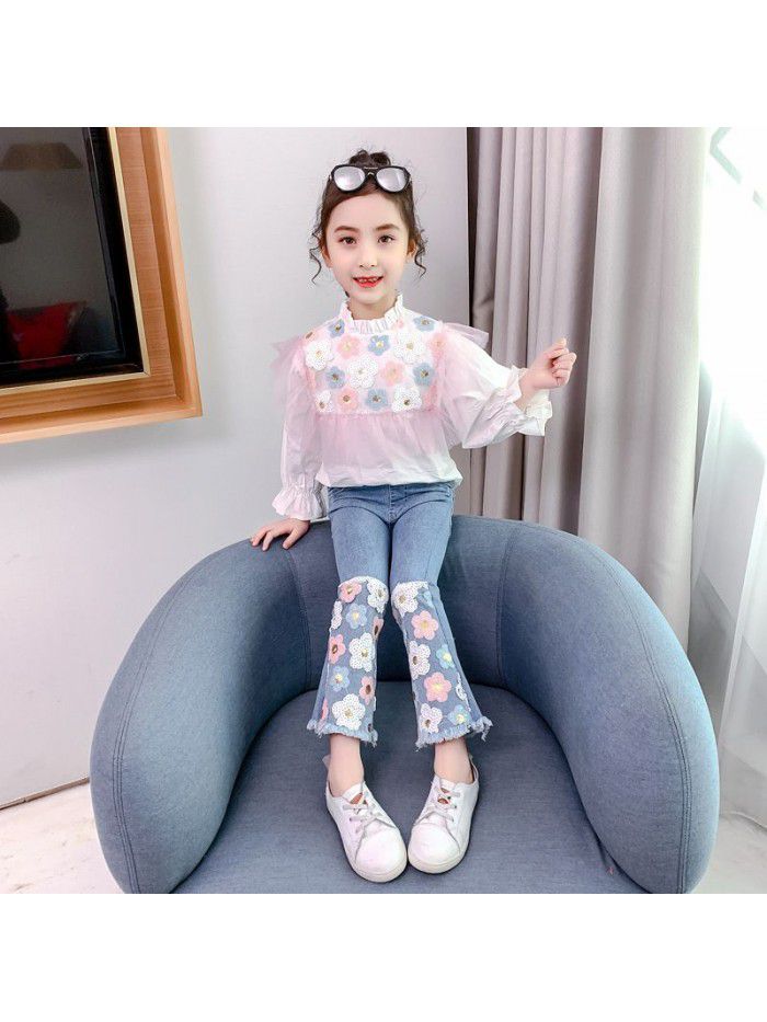 Girls' net red suit spring and autumn Zhongda children's Korean version foreign style fashion shirt jeans children's fragrance clothes 