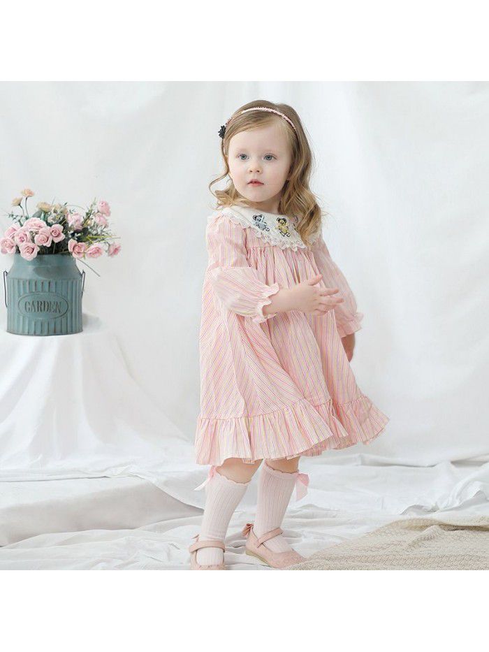 Spring new girl's princess dress girl's Long Sleeve Striped embroidered dress 