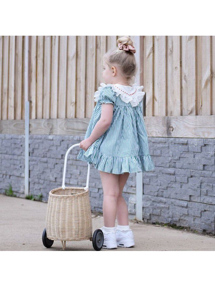 summer baby dress striped princess skirt suit short sleeve Lapel embroidered skirt European and American children's wear 