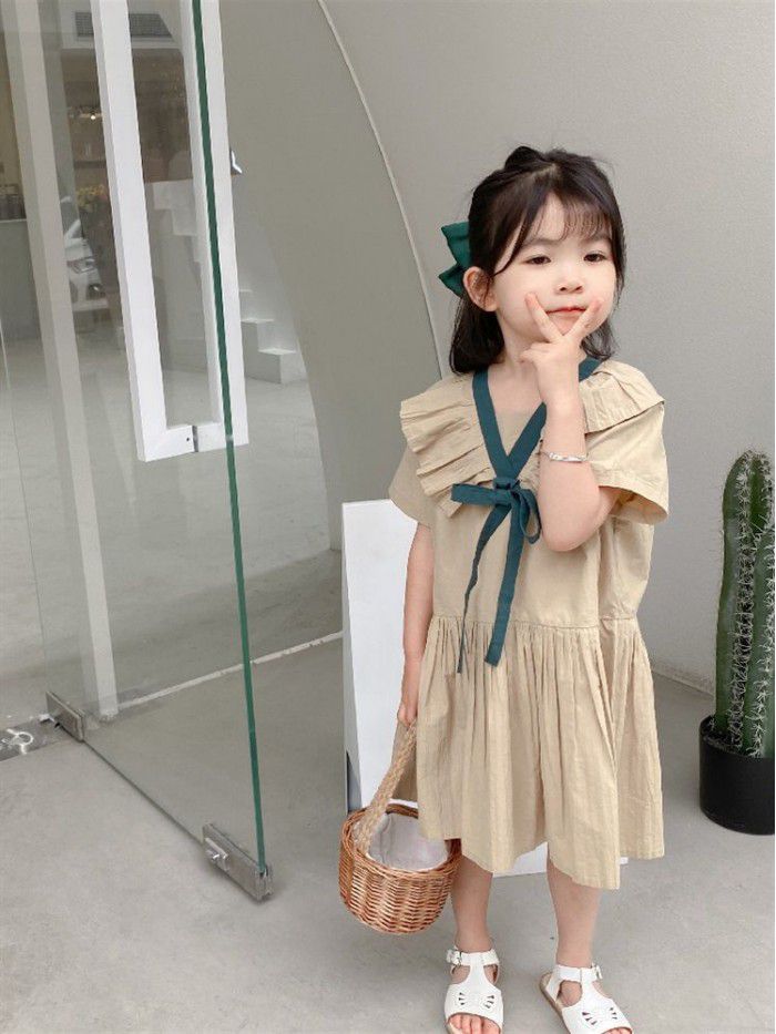 Dawenxi  summer new children's wear girl's small flying sleeve Pleated Dress temperament princess skirt bow 