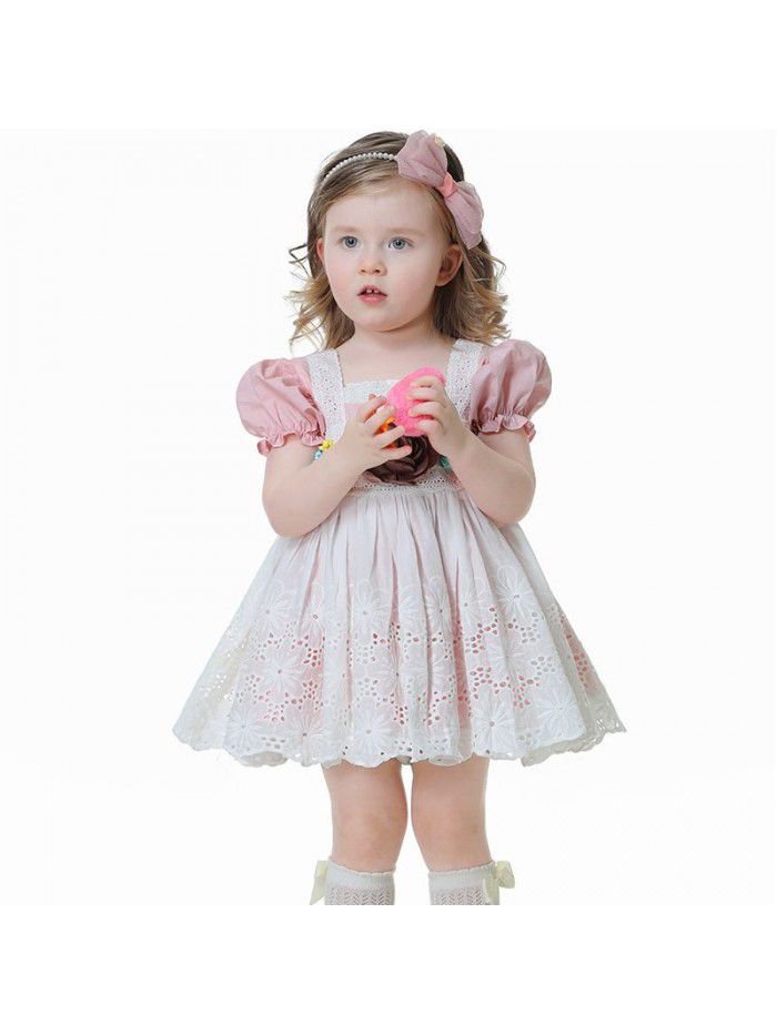 High quality spot Spanish children's wear French bubble sleeve Lolita girls' dress with hollow out fabric skirt 