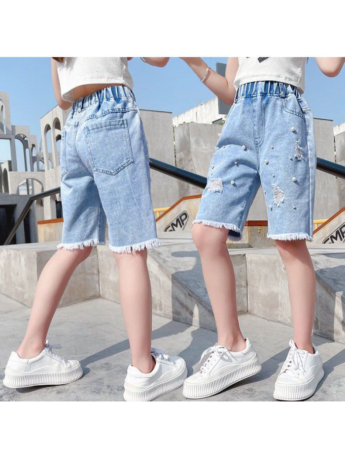 Girls' jeans  summer new pants pants breeches Capris fashion casual Korean perforated Shorts Girls 