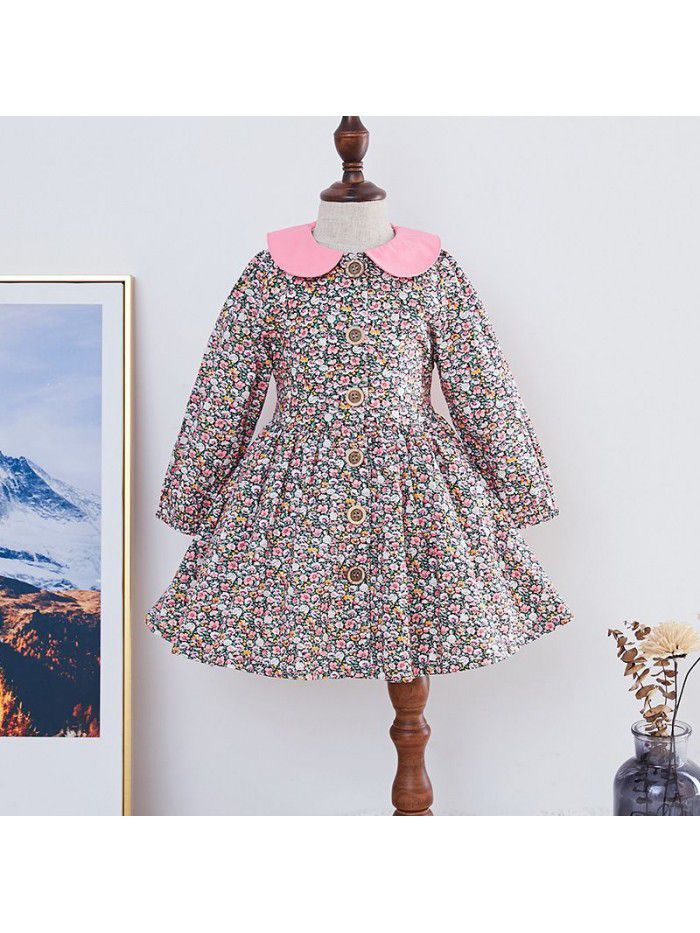 Ins spring children's dress new European and American girls' spring floral dress long sleeve printed children's dress cotton 
