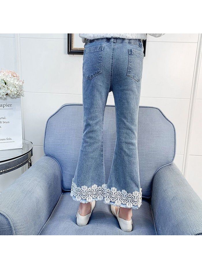 Girls' jeans spring and autumn thin  new baby girl foreign style lace flared pants little girl fashionable pants 