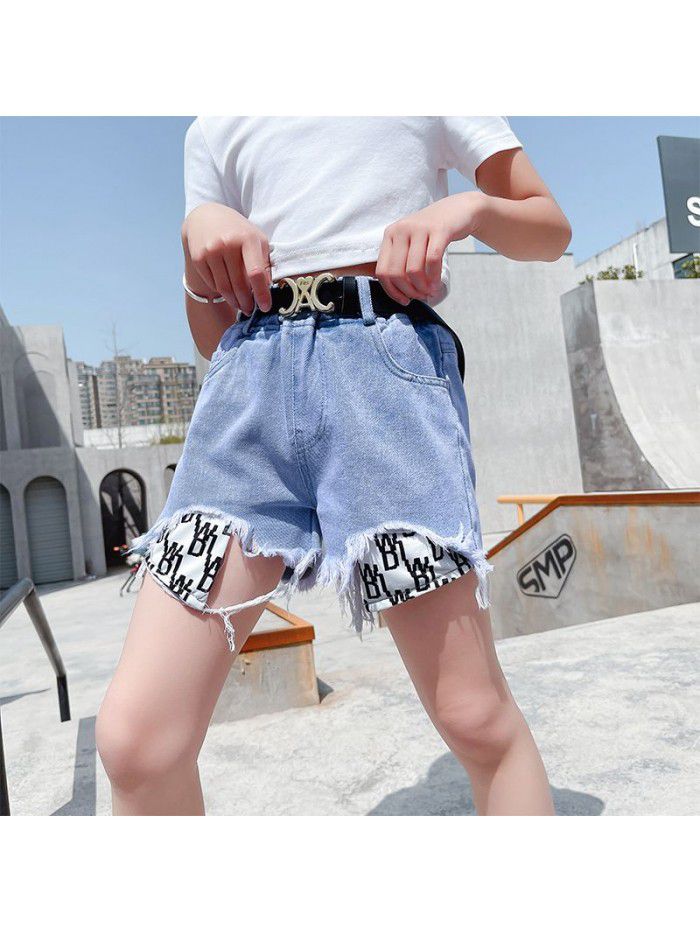 Girls' foreign style  summer new large pocket letter denim shorts children's high waist fashion hot pants fashion 