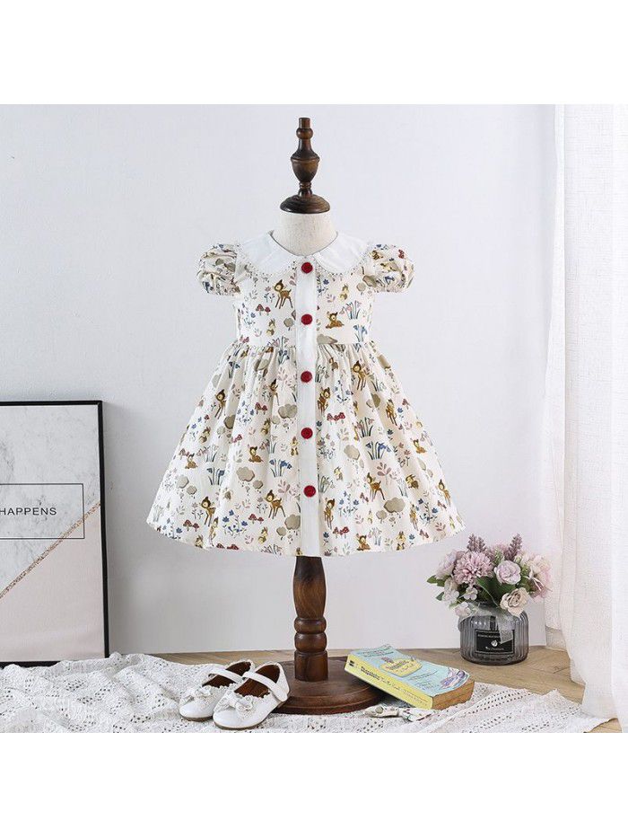 Girls' summer dress bubble sleeve European and American children's cartoon print  new foreign girl floral skirt 