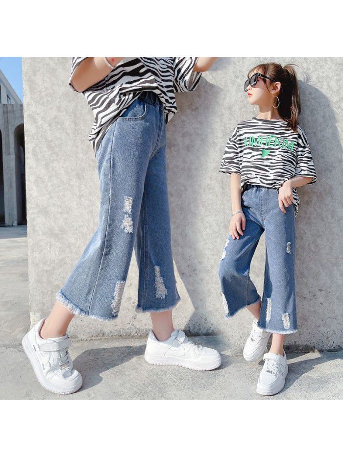 Girl's wide leg pants spring and summer  loose foreign style girl's big boy's jeans hole children's Capris 