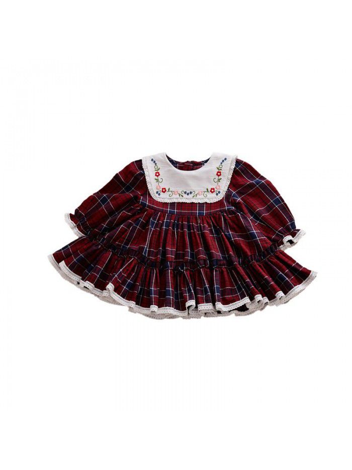  spring new long sleeve girl's dress European and American children's Plaid Skirt Western style children's Lapel embroidery skirt 