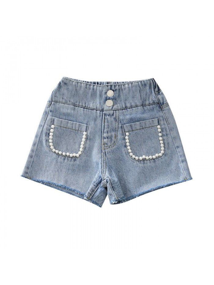 Girls' denim shorts  summer new hot pants pearl pocket net red foreign style children's pants 