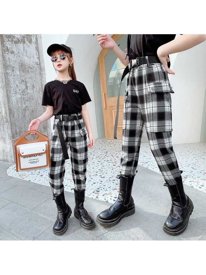 Girls' overalls  new spring and autumn children's plaid pants leisure foreign style children's spring pants Sports 