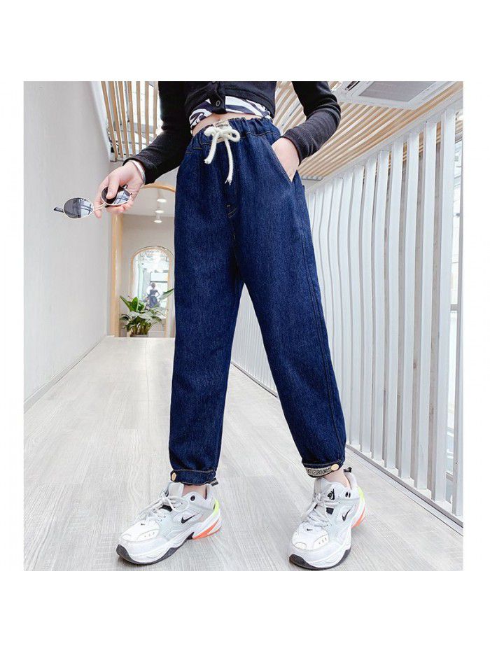 Girl's father jeans spring dress middle school children's foreign style pants little girl's spring and autumn trousers children's radish pants 