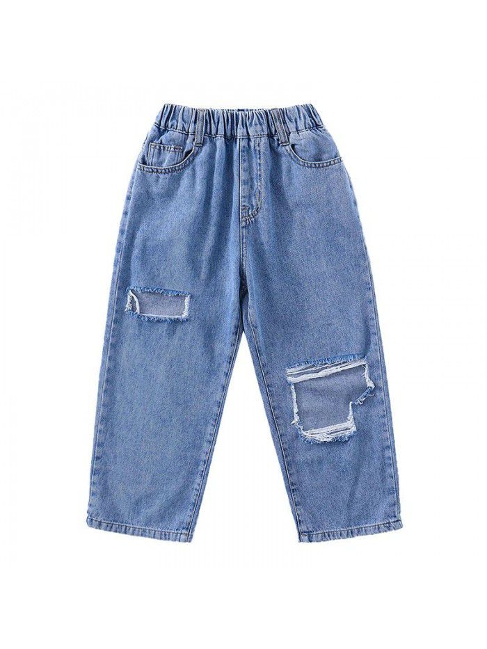 Girls' holed jeans  summer new Korean style loose Jiufen beggar pants middle school children's casual pants 