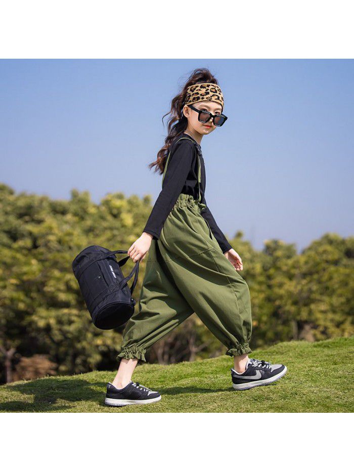 Girl's suit spring and autumn clothes middle school children's Korean fashionable foreign style primary school girl's 12-year-old aggressive fried Street strap pants 
