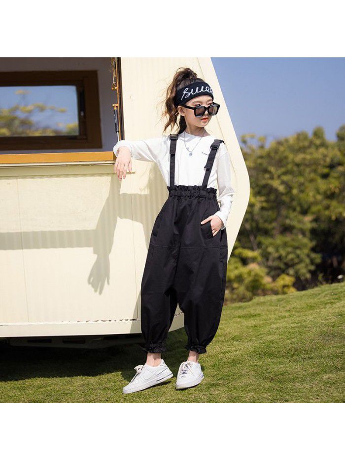 Girl's suit spring and autumn clothes middle school children's Korean fashionable foreign style primary school girl's 12-year-old aggressive fried Street strap pants 