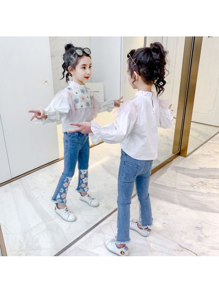 Girls' net red suit spring and autumn Zhongda children's Korean version foreign style fashion shirt jeans children's fragrance clothes 