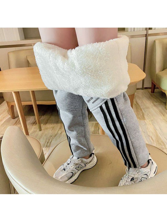Girls' Plush pants children's men's autumn and winter three-layer Plush leisure sports warm trousers 