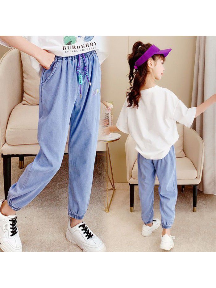 Girls' Tencel jeans summer ultra thin children's wear pants girls' middle school children's summer anti mosquito pants children's fashion 