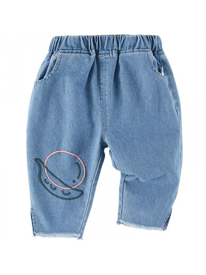 Amila children's new spring baby soft Jeans Girls' foreign style embroidery pants children's spring wear 