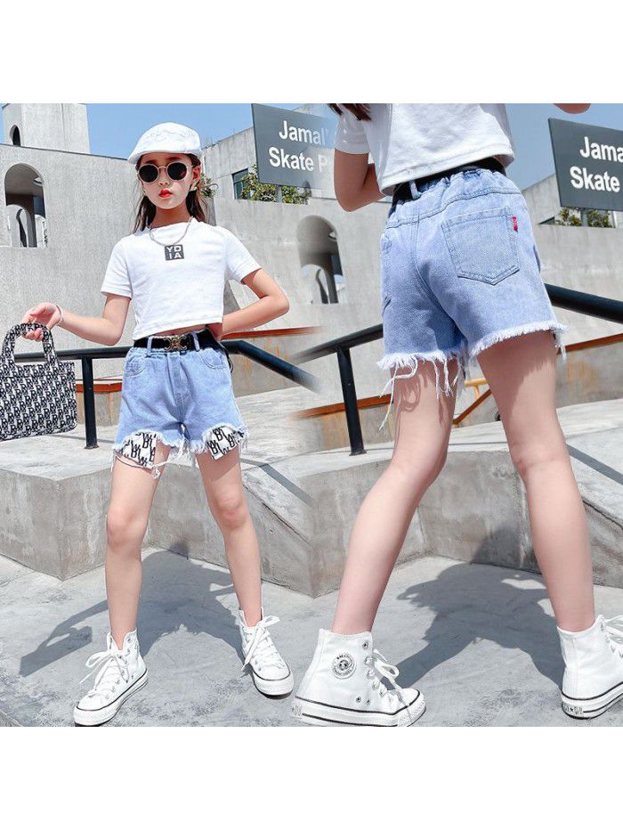 Girls' foreign style  summer new large pocket letter denim shorts children's high waist fashion hot pants fashion 