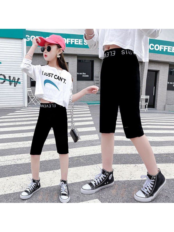 Girls' summer dress, western style, 5-point jeans, versatile high elastic pants, children's big children's casual pants and breeches 