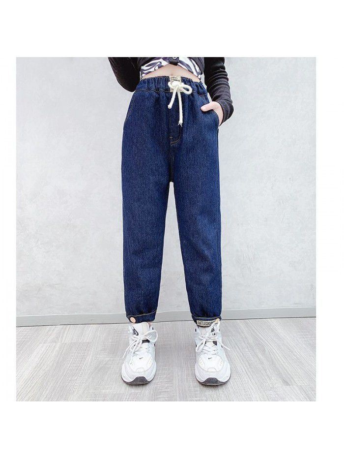 Girl's father jeans spring dress middle school children's foreign style pants little girl's spring and autumn trousers children's radish pants 
