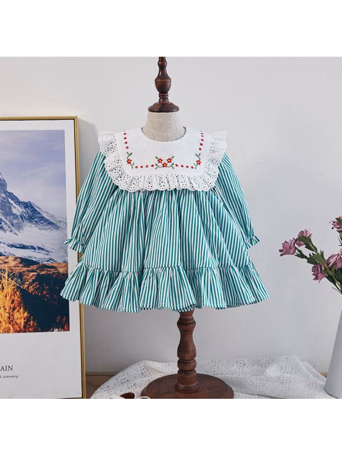 European and American children's wear  spring long sleeve children's dress middle and small children's stripe embroidery children's skirt Lapel girl's skirt 