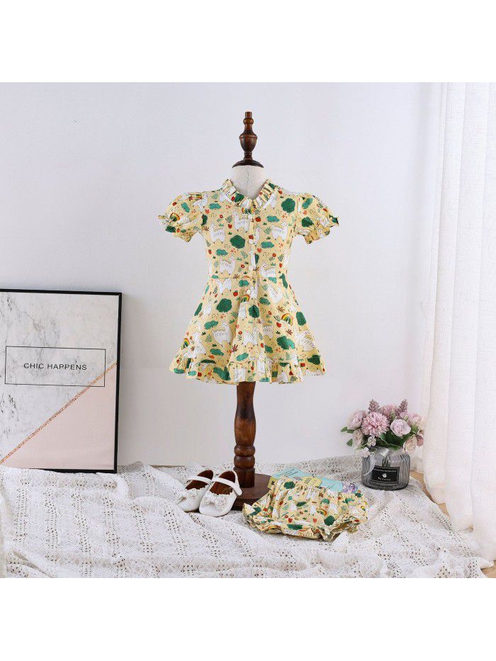 Girls' short sleeve floral dress pastoral style small fresh children's wear  summer children's dress bubble sleeve 