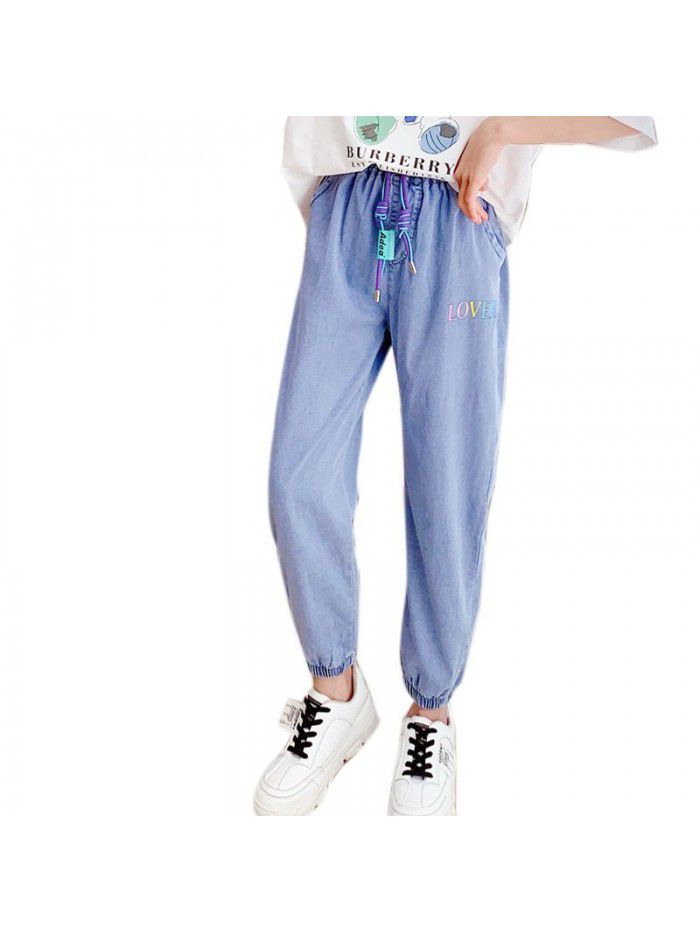 Girls' Tencel jeans summer ultra thin children's wear pants girls' middle school children's summer anti mosquito pants children's fashion 