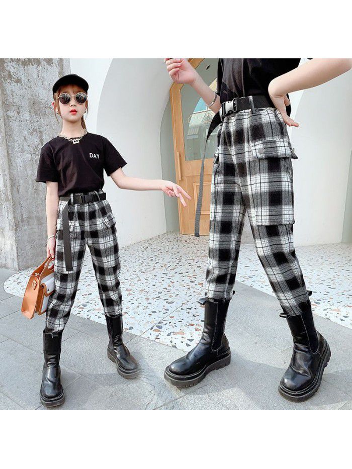 Girls' overalls  new spring and autumn children's plaid pants leisure foreign style children's spring pants Sports 